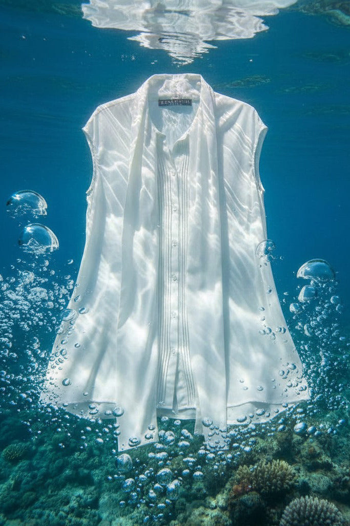 Camicia smanicata con sciarpa in eucalipto