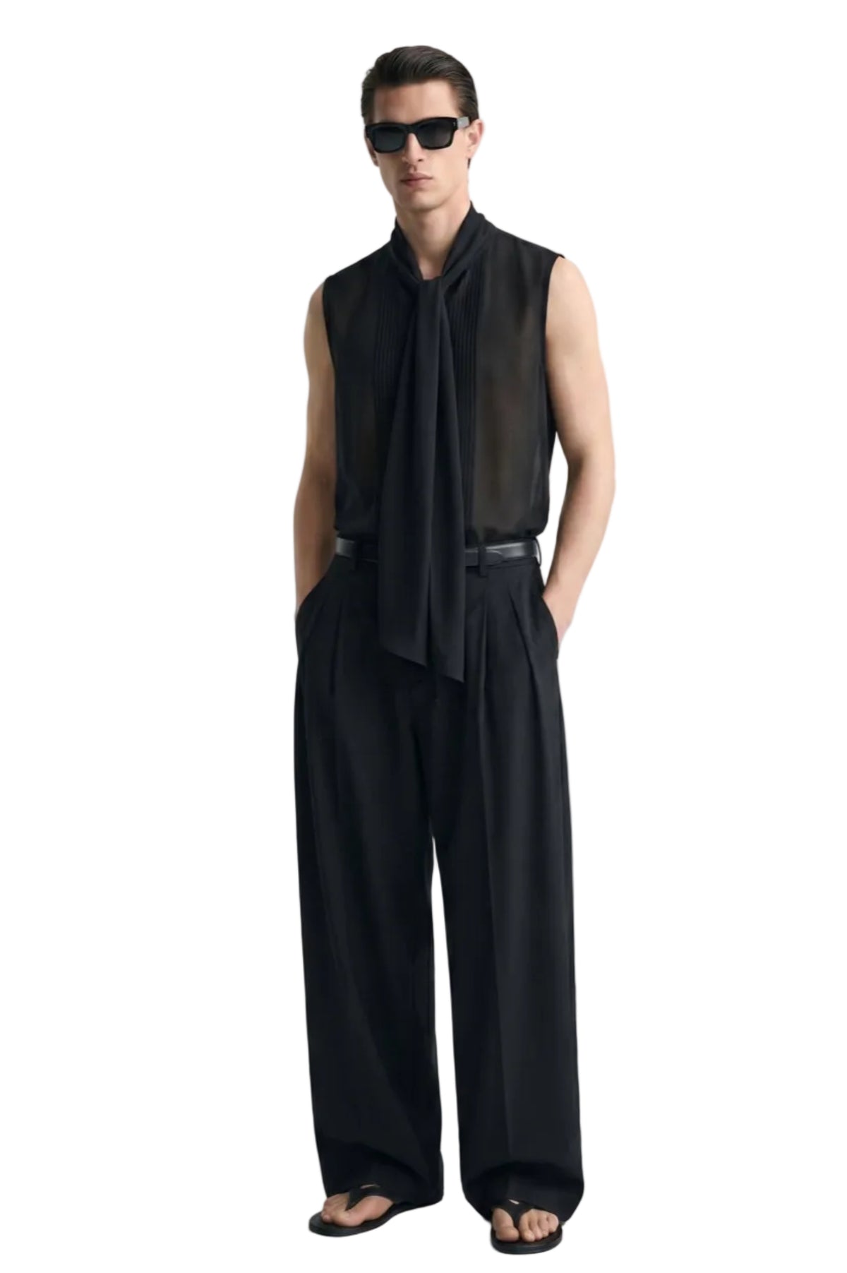 Camicia senza maniche con sciarpa in seta di eucalipto — Nero