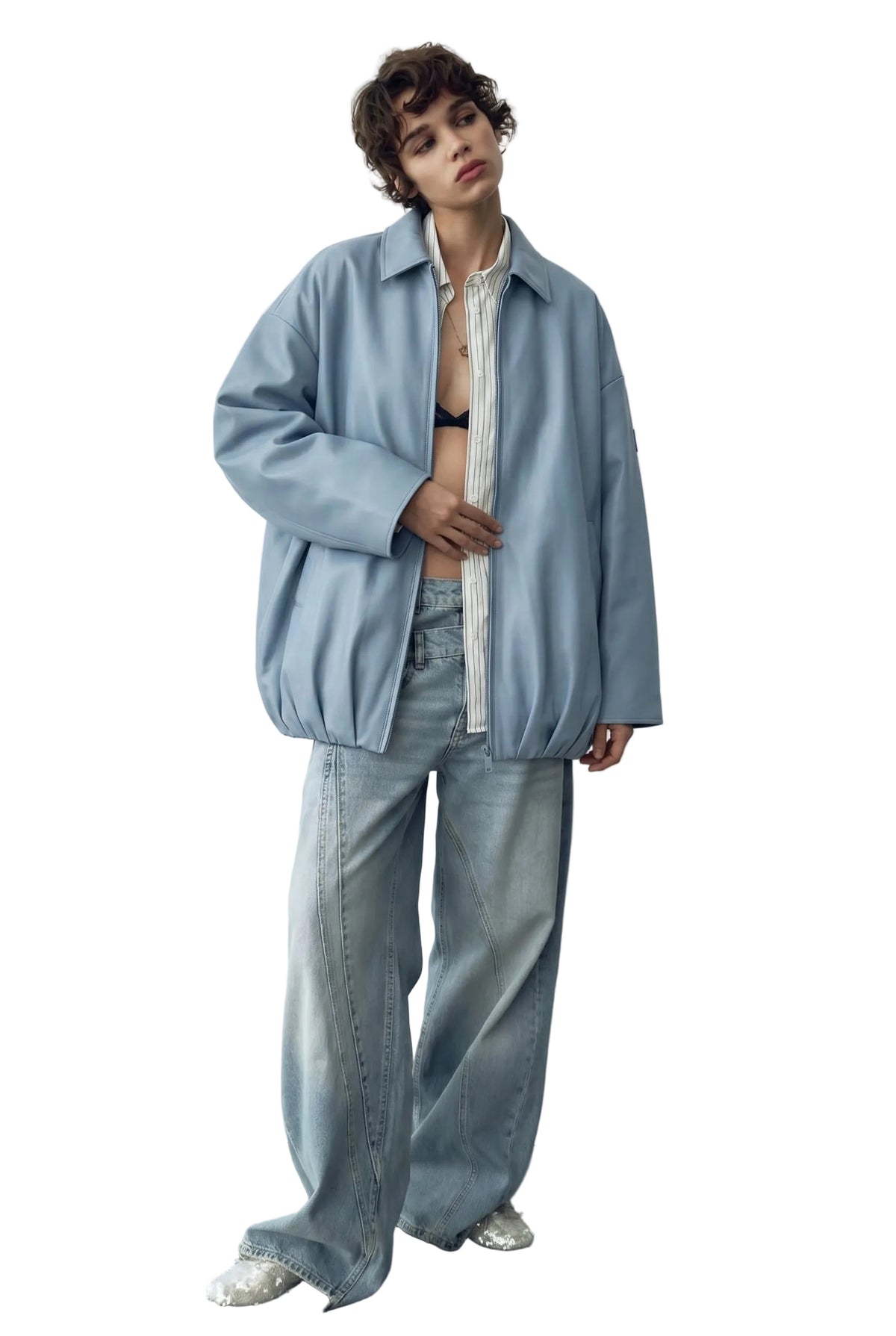 Bomber in pelle oversize color oliva — Azzurro ghiaccio